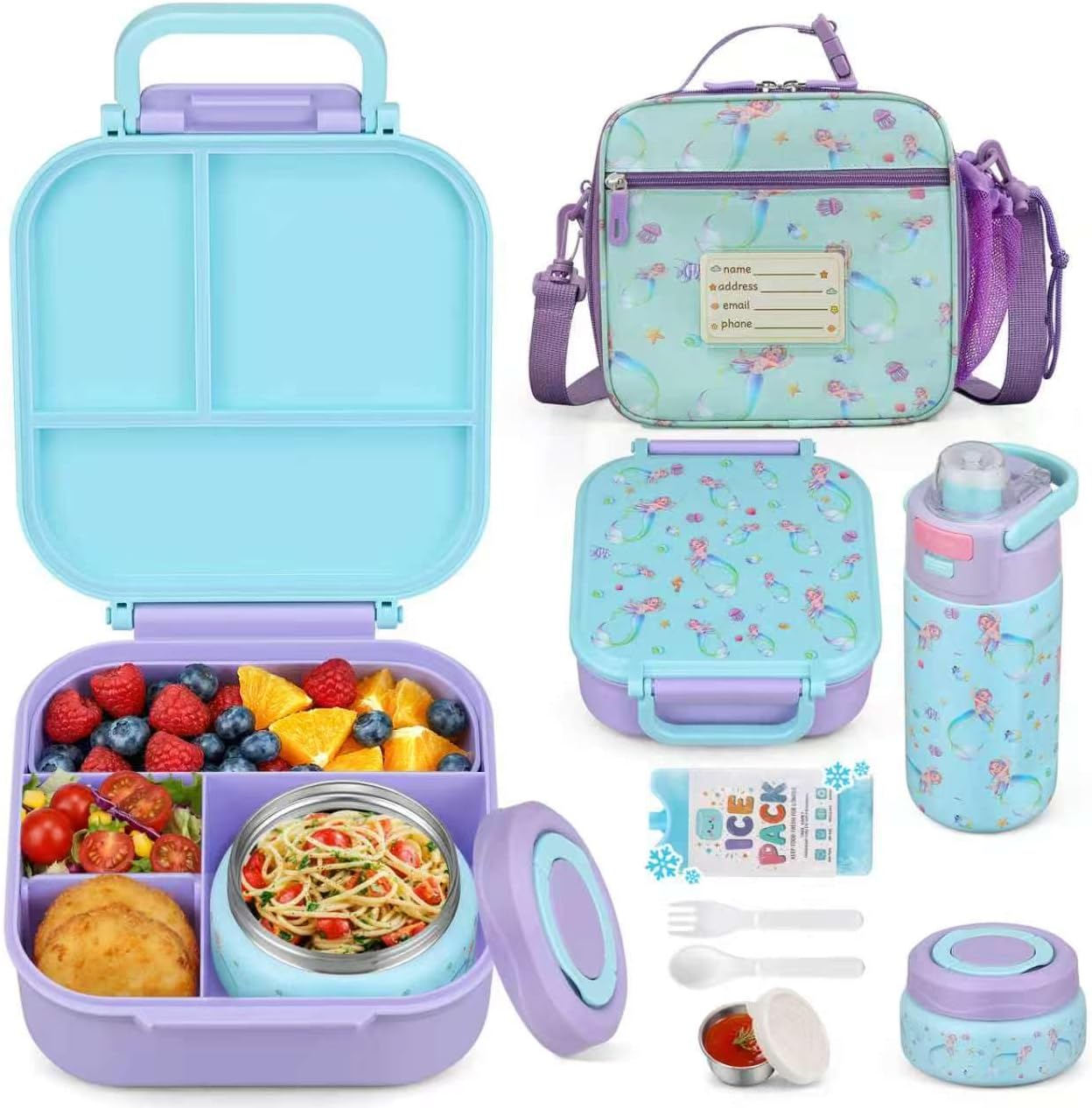 Itslife Bento Box for Kids Set, Insulated Food Container,Kids Lunch Box, 7 oz Thermos for Hot Food, 12 oz Thermos Water Bottle, Reusable Insulated Ice Bag & Fork Spoon Utensils Camping Travel Pink
