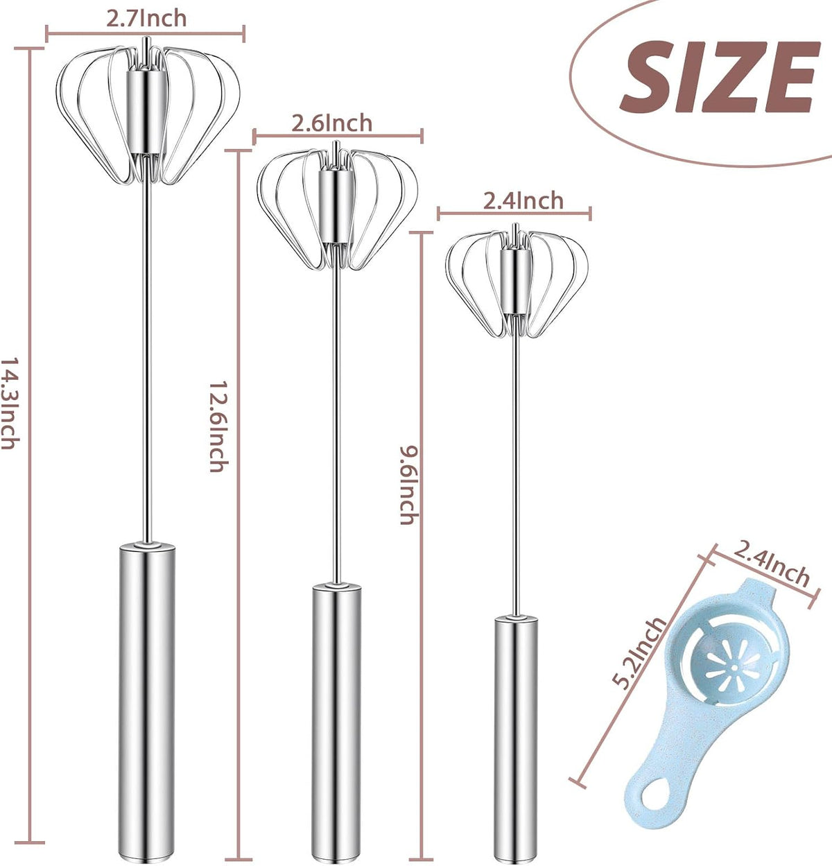 Semi-Automatic Stainless Steel Egg Whisk, 3 Pack Hand Push Rotary Whisk