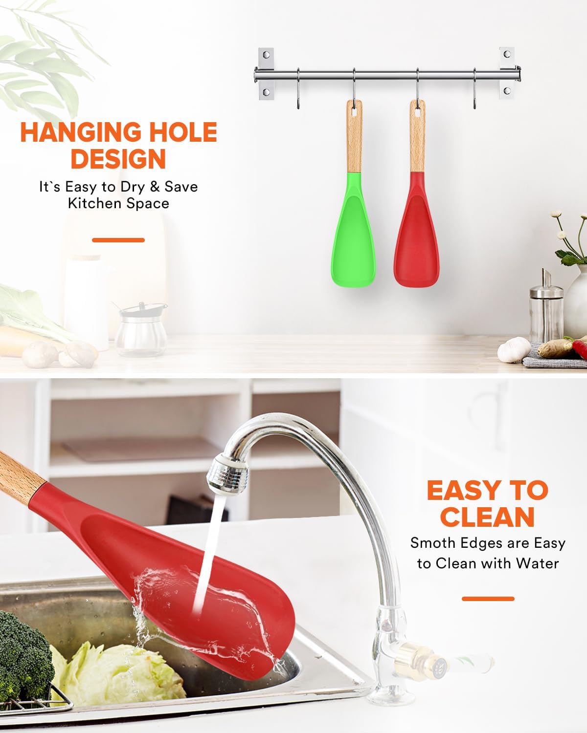 Cooking Spoon for Nonstick Cookwares, Great for Cooking and Serving Sturdy BPA-Free Matte Silicone, Wood Handle Spoon for Mixing, Scoop, and Scrape (Black & Grey, 11.4 inch)