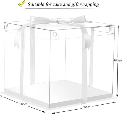 XININSUN 2Pcs Large Cake PET Clear Box, 10" X 10" X 9" with ribbon and pre-folded lid, for 8" cake packing carry, baking cookie display, Carry Tall Layer Gift, Festive Gift Box -White