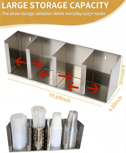 Stainless Steel Cup Dispenser,3 Compartments Cup Holder and Lid Holder with Adjustable Dividers,Cup Organizer for Kitchen Cabinets Cafe Shop Restaurant,Includes Straw Holder