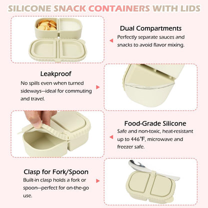 YQL 4 Pack Silicone Snack Containers with Leakproof Lids, Double-Compartment Bento Boxes for Kids & Adults, Reusable Food Storage for Snacks, Sauces, Lunch, Travel, and Meal Prep