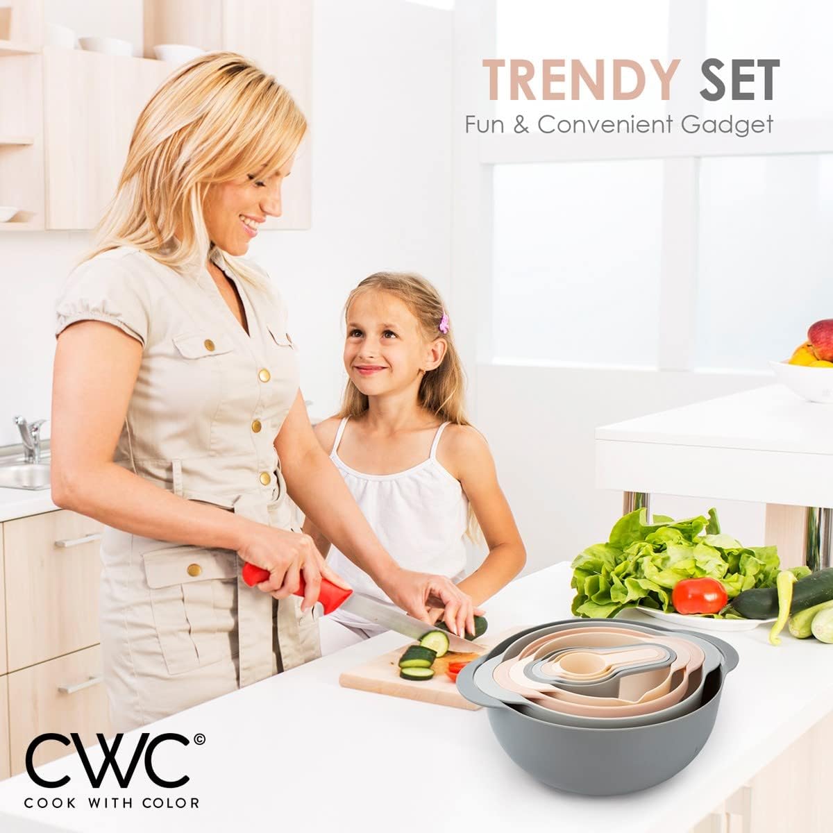 COOK WITH COLOR Nesting Bowls with Measuring Cups Colander and Sifter Set - Includes Mixing Bowls, Colander, Sifter and Measuring Cups, Navy, 8 Pc Bowl