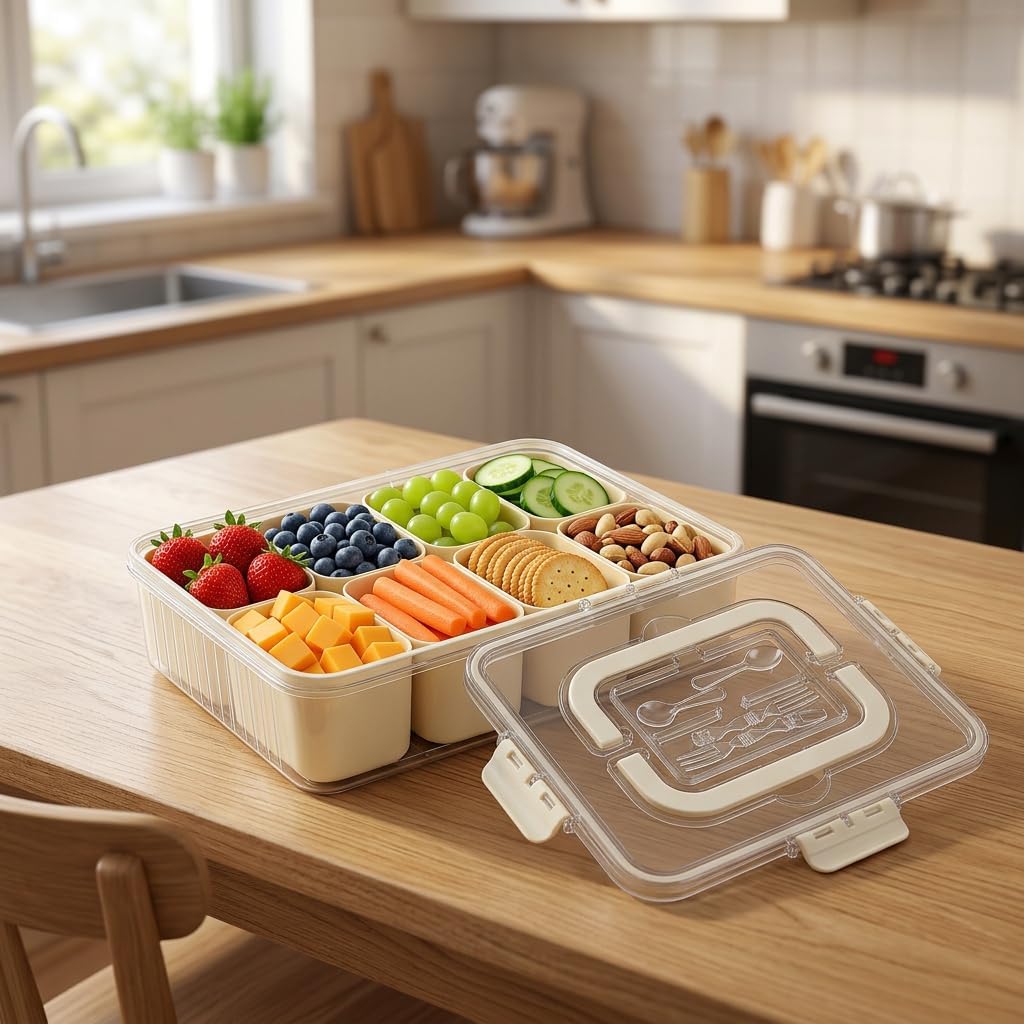 Snackle Box Container 2 Pack | Snack Box Container with Lid, BPA-Free 8-Compartment Divided Serving Tray & Snack Tray with Built-In Utensil Tray | Snack Tackle Box Organizer for Adults & Kids