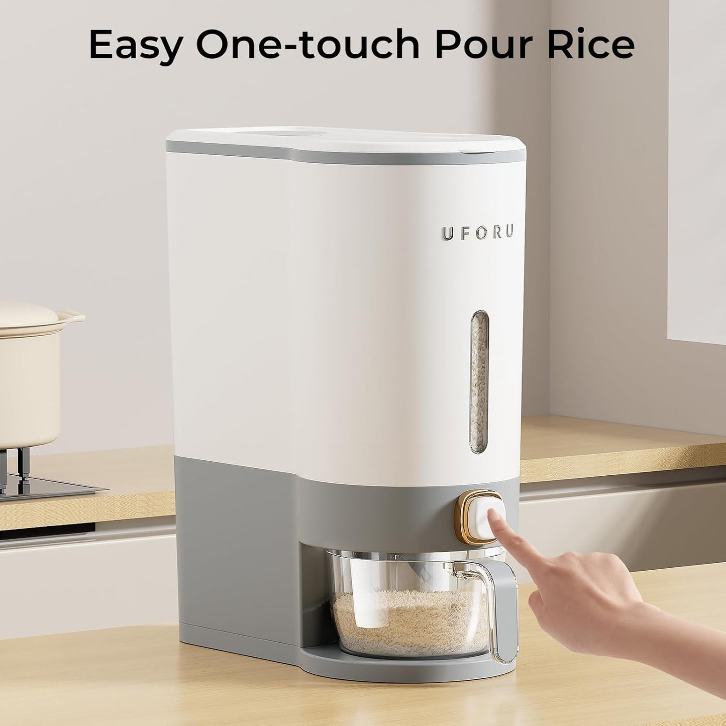 UFORU Rice Dispenser, Rice Storage Container with Measuring Cup for Kitchen Pantry Household, Dry Food Storage Containers Airtight, Sealed Moisture Proof (White 13Lbs)