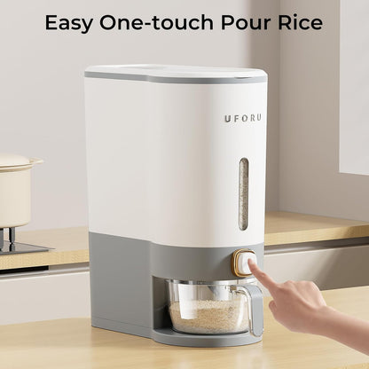 UFORU Rice Dispenser, Rice Storage Container with Measuring Cup for Kitchen Pantry Household, Dry Food Storage Containers Airtight, Sealed Moisture Proof (White 13Lbs)