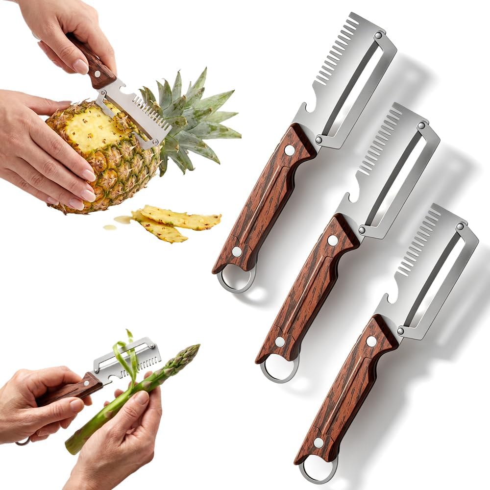 Multi-Functional Vegetable Peeler for Kitchen,3-in-1 Stainless Steel Peeler With Wooden Handle & Bottle Opener &Scallion shredder,Kitchen Gadgets For Fruit Pumpkin Peeling Potato Carrot Peeler