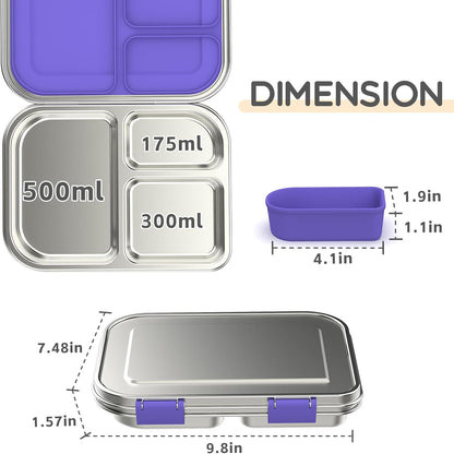 BOSEDSANG Stainless Steel Kids Leak-Resistant Bento Lunch Box, 3-Compartments with Silicone Container, Dishwasher-Safe, Child-Friendly Design for School, Picnics & Travel,BPA-Free(Pink)