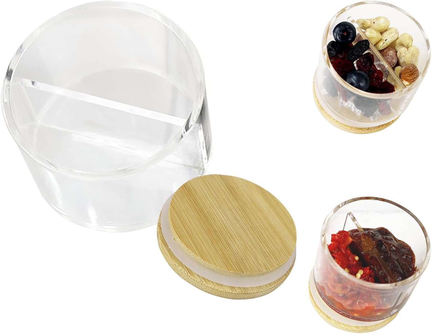 3.4 oz Double Compartment Condiment Container with Bamboo Lids, Leakproof Reusable Salad Dressing Container to Go 3 Pack Dip Sauce Cups for Lunch Box, Picnics,Travel Meal Prep, Kitchen Storage