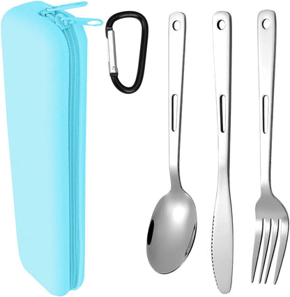 Travel Utensils Set with Silicone Case, Stainless Steel Silverware Set for Work Lunch Camping Picnic, Portable Cutlery Set on the Go, Easy to Clean (Grey)