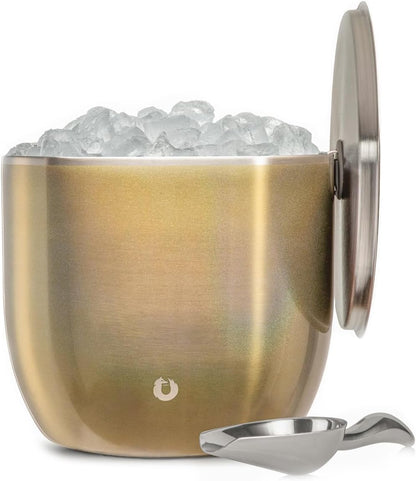 SNOWFOX Plus, Premium Vacuum Insulated Stainless Steel Ice Bucket with Lid/Scoop,Home Bar Accessories,Elegant Bartending Ice Bucket for Parties,Beautiful Outdoor Entertaining Supplies,3L,Natural Teak