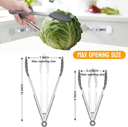 HOTEC Premium Stainless Steel Locking Kitchen Tongs with Silicon Tips, Set of 2-9" and 12"