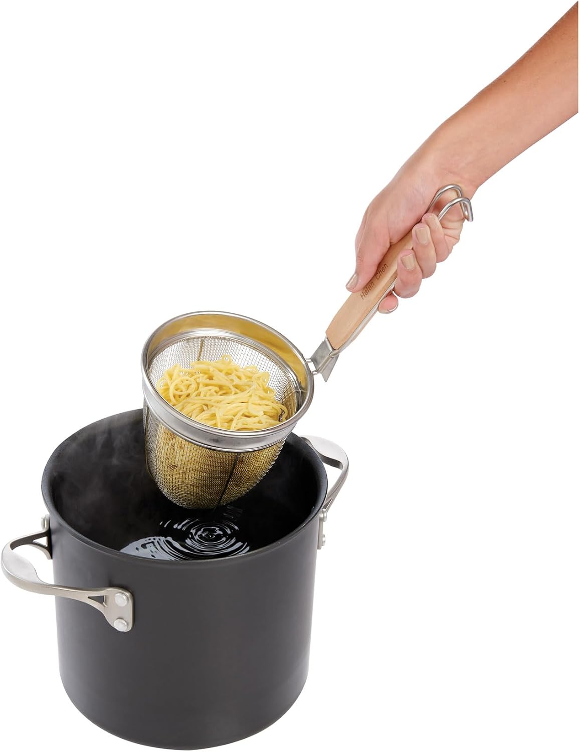 Helen's Asian Kitchen Deep Spider Strainer, 6-Inch Stainless Steel Mesh Basket With Bamboo Handle, For Noodles, Dumplings, Wontons, Deep Frying, And Draining Tasks