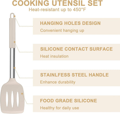E-far Silicone Cooking Utensils Set, 7 Pcs Heat Resistant Kitchen Utensils with Stainless Steel Handle, Slotted Turner, Spoon, Soup Ladle, Pasta Server, Skimmer, Tongs for Nonstick Cookware, Black