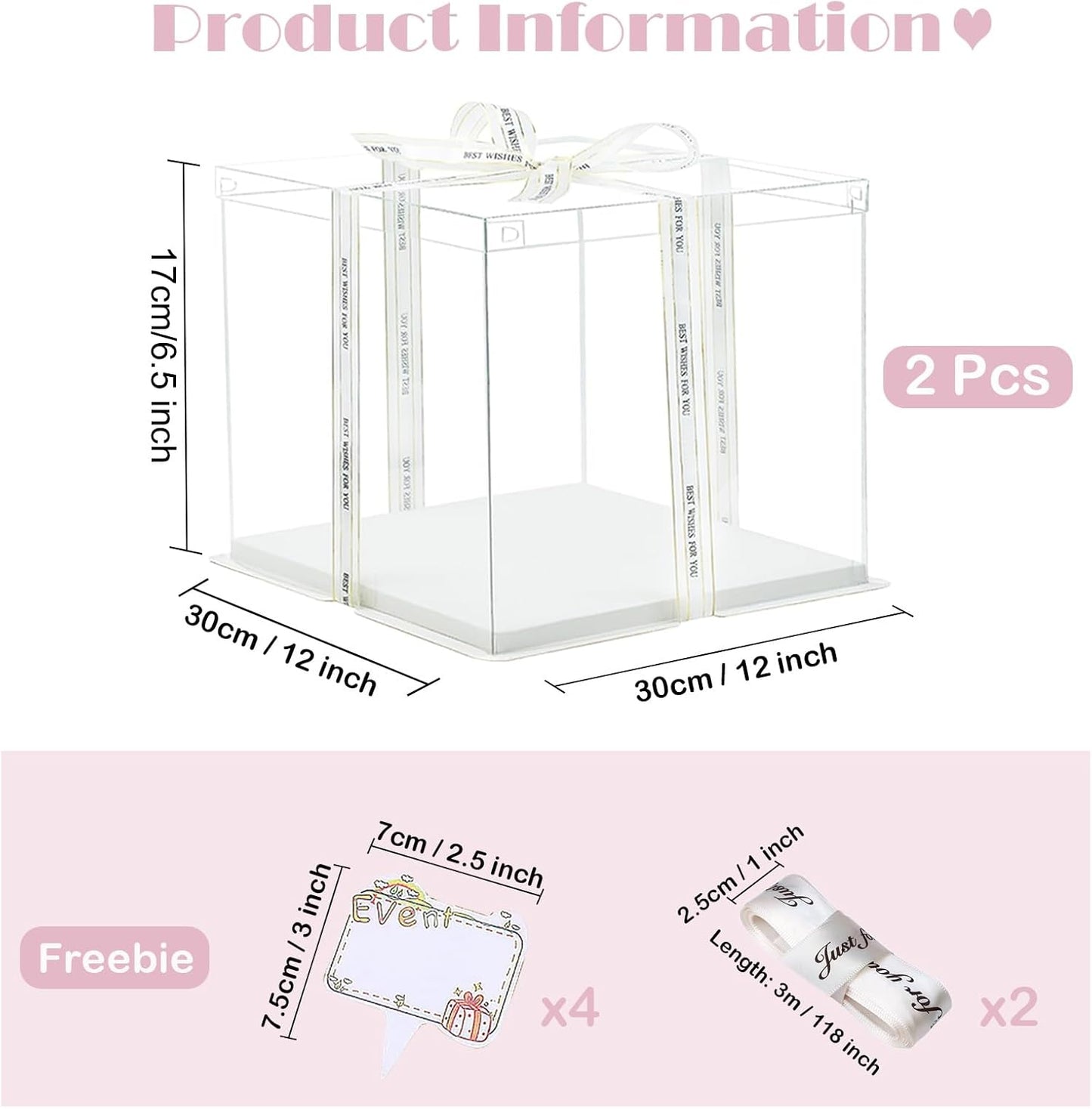 Clear Cake Box, 2 Pcs Transparent Cake Carrier Box with Lids, 4'' PET Packaging Boxes with Ribbon Gift Card for Pastries, Clear Gift Boxes for Birthday, Wedding and Festival Party, White.