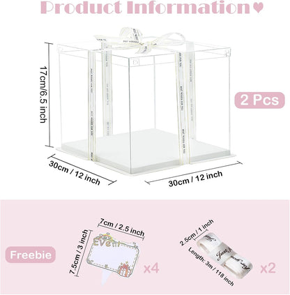 Clear Cake Box, 2 Pcs Transparent Cake Carrier Box with Lids, 4'' PET Packaging Boxes with Ribbon Gift Card for Pastries, Clear Gift Boxes for Birthday, Wedding and Festival Party, White.