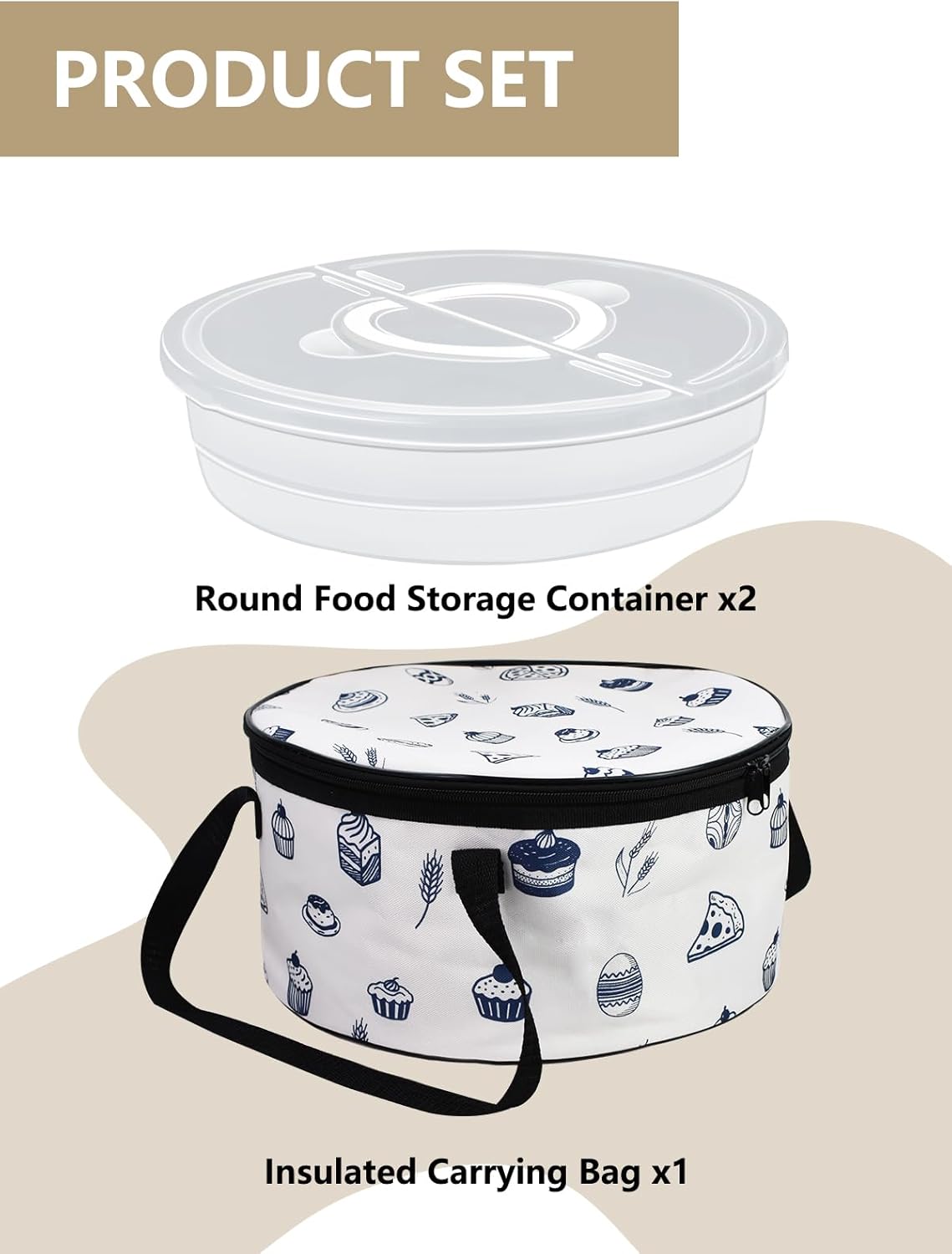 Artcome 2 Pack 12" Round Food Storage Container Set with Insulated Carrying Bag, Reusable Pizza Keeper with Divider, Stackable Pie Carrier for Pizza, Cake, Pastries & Leftovers