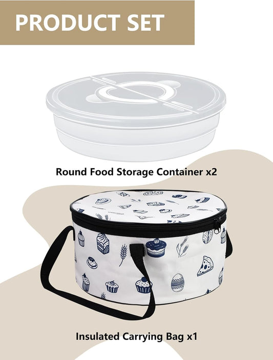 Artcome 2 Pack 12" Round Food Storage Container Set with Insulated Carrying Bag, Reusable Pizza Keeper with Divider, Stackable Pie Carrier for Pizza, Cake, Pastries & Leftovers