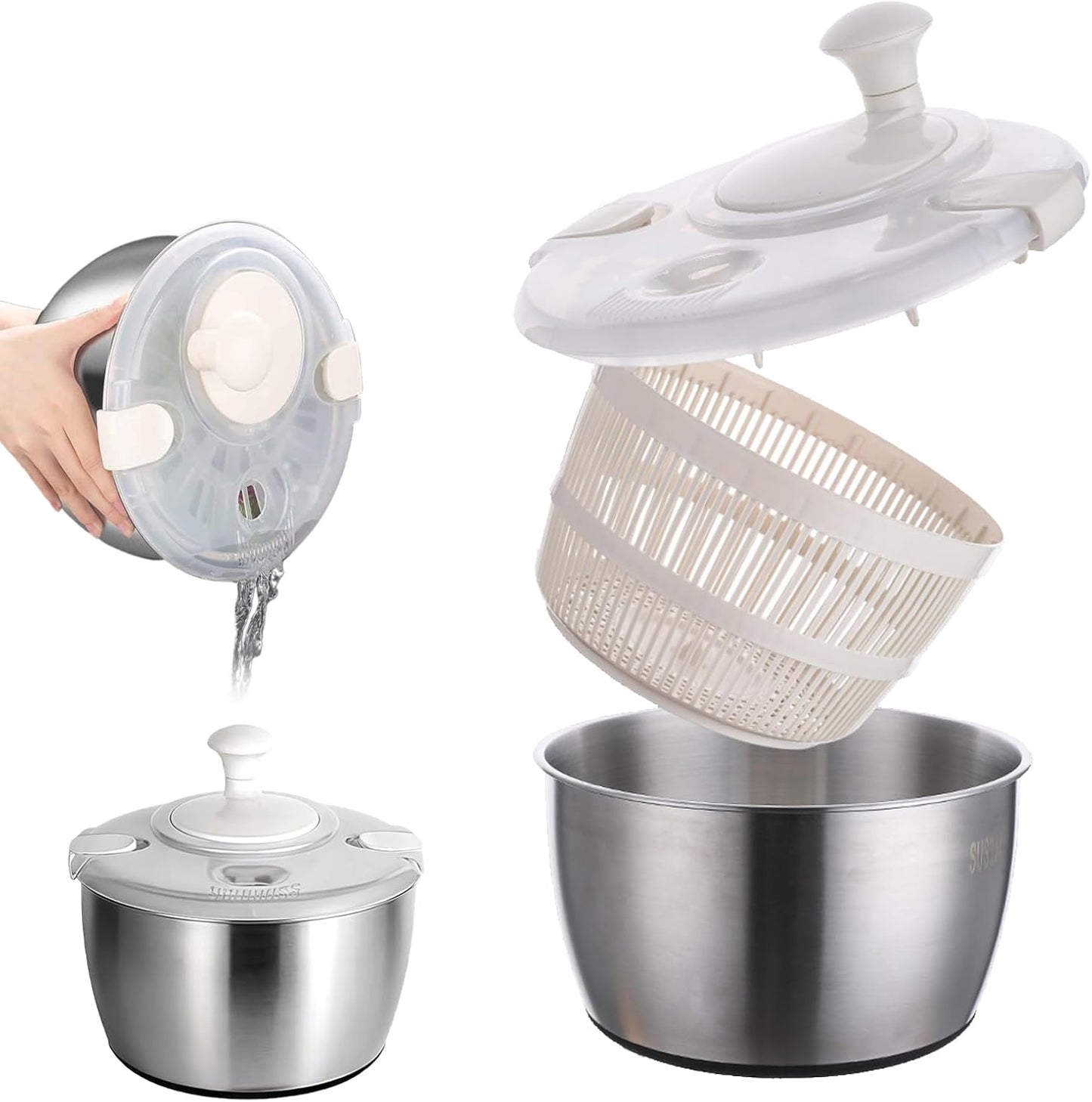 Stainless Steel Salad Spinner, 6QT Lettuce Spinner, Fruit Washing Bowl with Strainer for Washing, Spinning, and Draining Greens, Fruits, and Vegetables