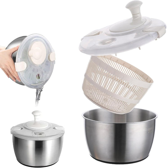 Stainless Steel Salad Spinner, 6QT Lettuce Spinner, Fruit Washing Bowl with Strainer for Washing, Spinning, and Draining Greens, Fruits, and Vegetables