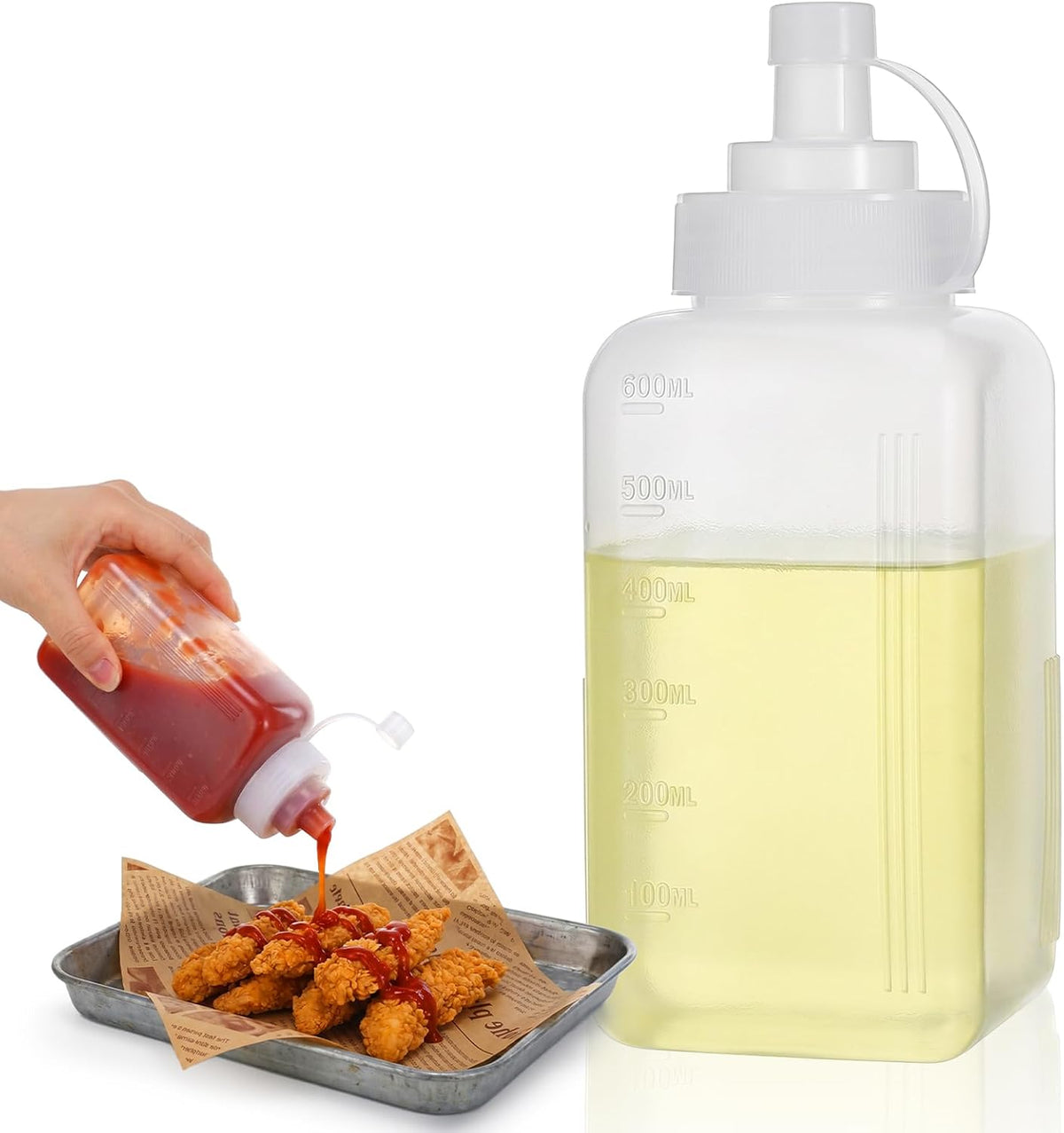 Large Squeeze Bottles for Sauces, 600ML/20oz Wide Mouth Salsa Dispenser Bottle with Lid, Square Condiment Squeeze Bottles for Mayo BBQ Tomato Salad Sauce Spaghetti Pasta Sauce Bottle