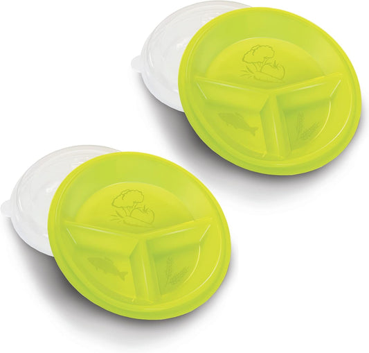 Rehabilitation Advantage 2-Pack Portion Control Plate with Snap-On Lid – 3 Marked Divided Sections – Microwave and Dishwasher Safe – Reusable & Durable