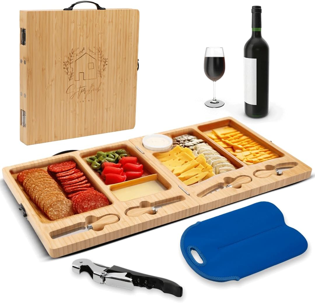 Charcuterie Boards Set - Large Bamboo Cheese Board with Charcuterie Accessories - Wooden Cheese Platter - Foldable Charcuterie Board for House Warming Gifts New Home & Wedding Gifts