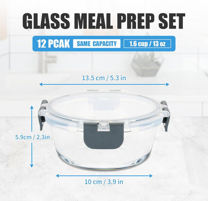 GULFLIN 12 Pack 22oz Glass Meal Prep Containers, Food Storage Containers with Lids, Air-Tight, Leak-Resistant, Freezer to Microwave Safe - Grey Set