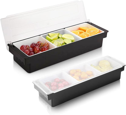 WICHEMI Fruit, Veggie & Condiment Caddy with Lid Dispenser Tray Plastic Garnish Station for Bartending & Serving Taco, Ice Cream, Salad Bar - Topping Organizer for Restaurant Supplies (3 Compartment)