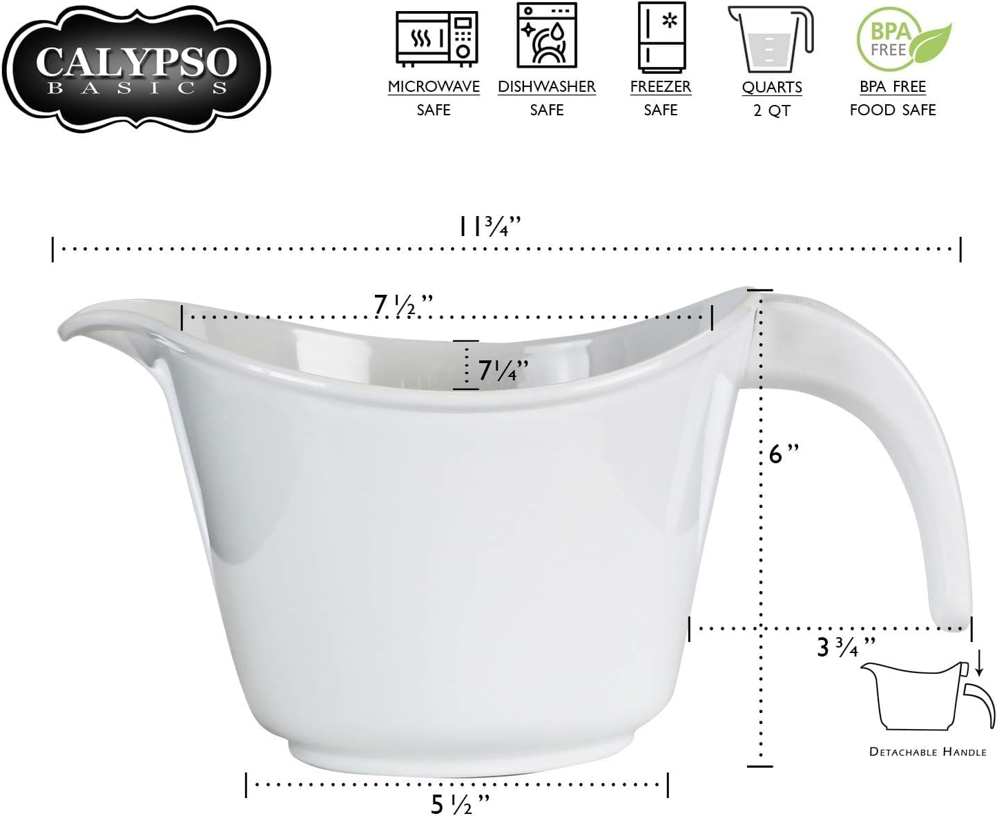 Batter Bowl With Pour Spout, Non-Slip Base,Space Saving Detachable Handle with Lid, 2 QT Heavy Duty BPA-Free Microwave & Dishwasher Safe (Fresh Lemons)