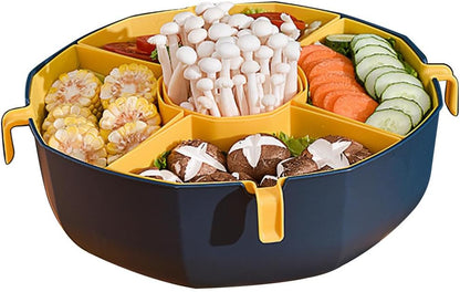 Rotatable Vegetable Draining Basket with Handle - Multi-Grid Hot Pot Serving Platter for Fruits and Vegetables