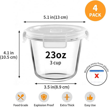H.JSS WDJS 3Cup Round Glass Food Storage Containers with Airtight lids, 23oz Glass Meal Prep Containers, Heat-Resistant BPA-Free for Soup Leftover, Microwave, Dishwasher and Fridge Safe (white-4Pack)