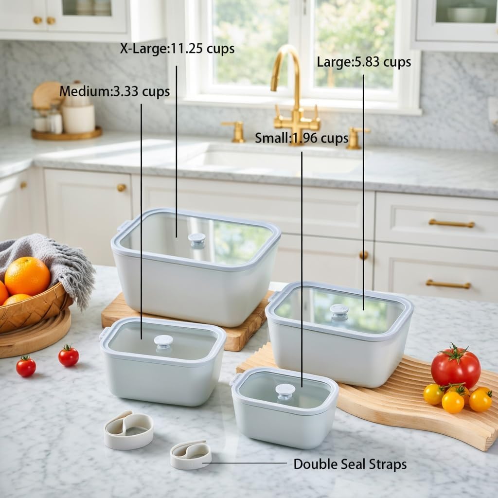 Glass Food Storage & Meal Prep Container Set of 4 with Airtight Glass Lids, Leakproof, 3 Free Straps, Oven, Microwave Safe, BPA & Plastic-Free