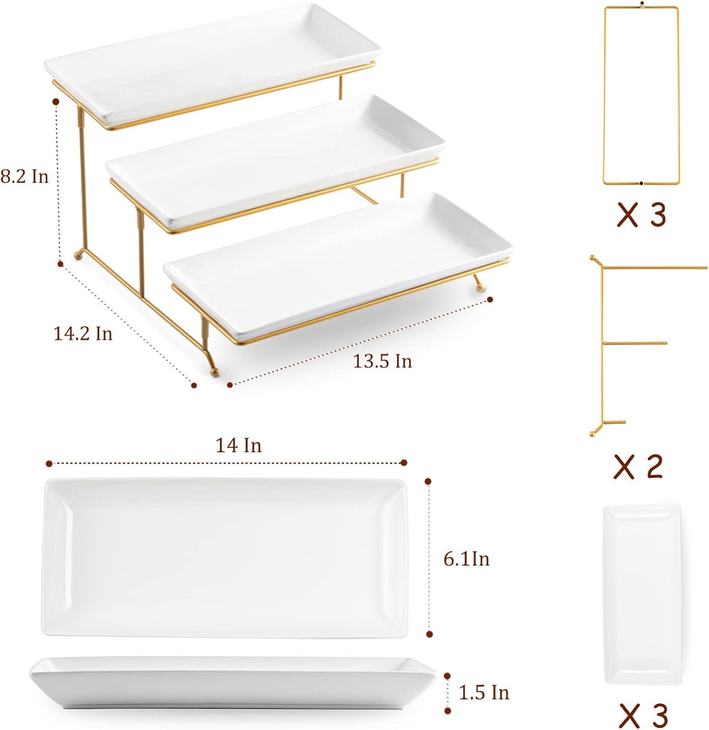 LYEOBOH 3 Tier Serving Bowls Set Tiered Serving Stand, Porcelain Oval Bowls with Collapsible Metal Stand for Entertaining, Party, Dessert Display, Candy, Chip and Dip (Gold)-45oz / 17.5oz / 7oz