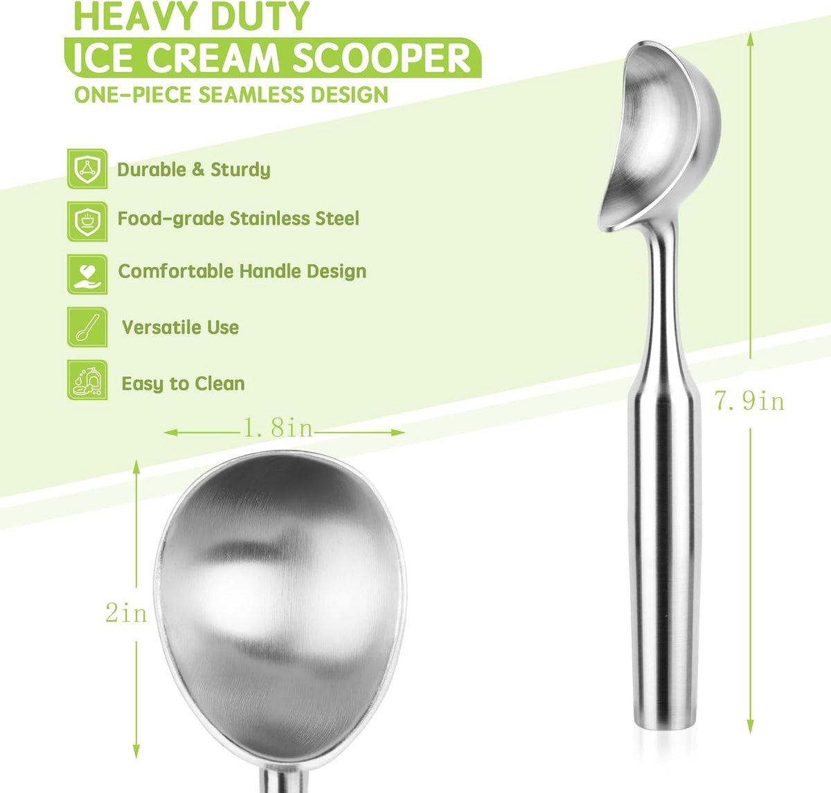 Ice Cream Scoop, 7.9 inches One-Piece Design Stainless Steel Scooper for Cookie Dough,Gelato, Sorbet,Heavy Duty with Comfort Handle, Dishwasher Safe