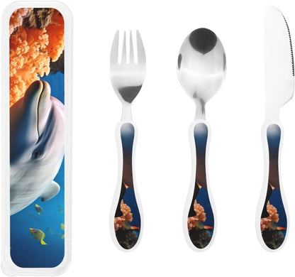 3-Piece Kids Silverware Set With Storage Case, Stainless Steel Reusable Children Safe Knife Spoon Fork Set Colorful Abstract Dragonfly Children Flatware Set For Kids Lunch Box