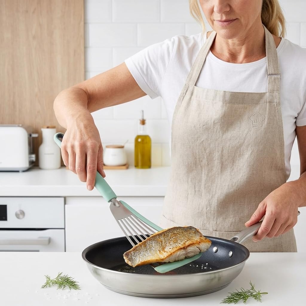 Nonstick Fish Spatula With Silicone Edge, FENGCHEN Silicone Fish Spatula, Heat-Resistant Fish Turner Spatula,Fish Spatulas For Cooking, For Scrapping, Flipping, Frying, Turning Foods (Silver)