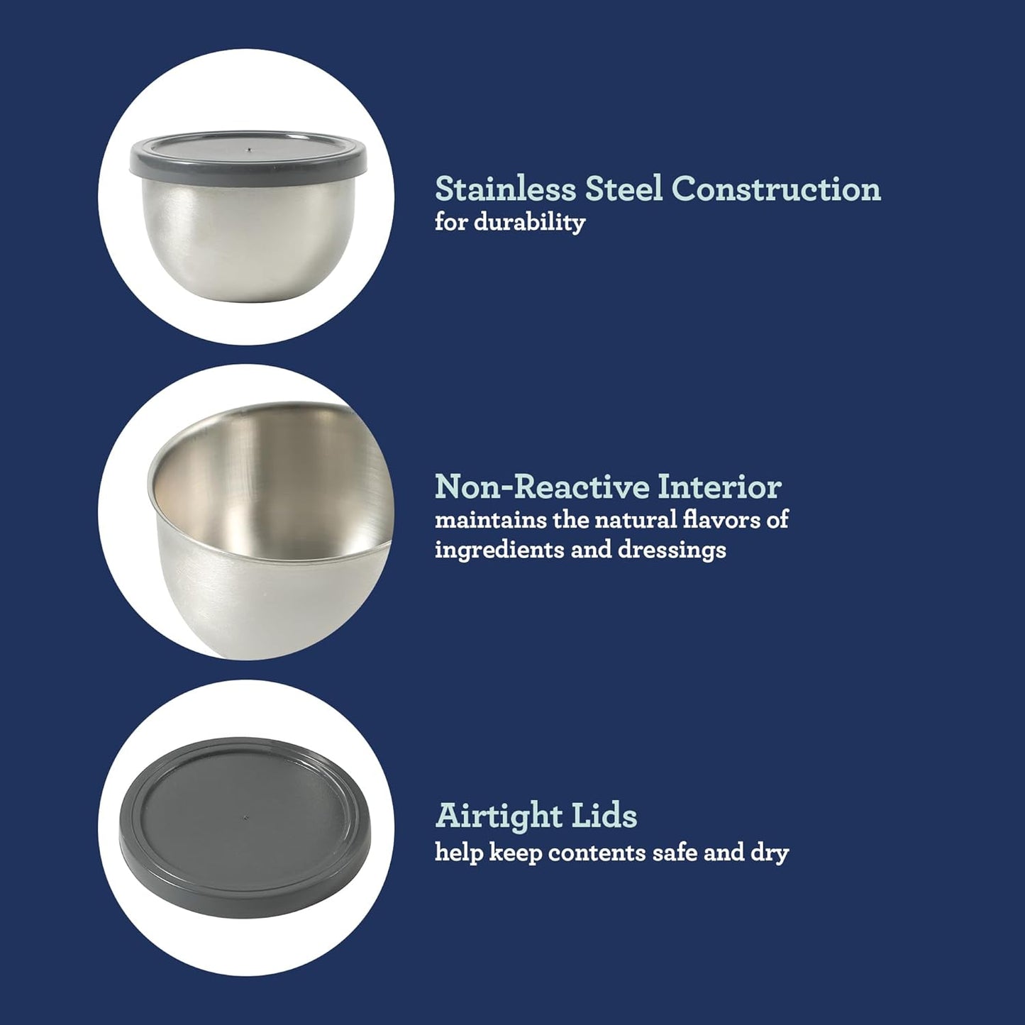 Oster Kempsville 4-Piece Stainless Steel Mini Bowls with Gray Lids – 3 Inch Prep and Storage Containers, Snack and Dipping Bowls