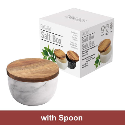 jalz jalz Acacia Wood Salt Cellar with white Marble Lid, 10oz Pinch Pot & Spoon
