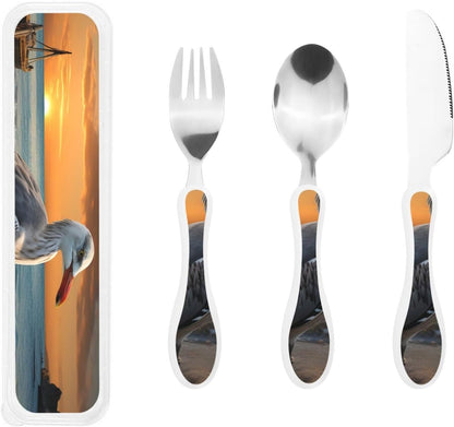 3-Piece Kids Silverware Set With Storage Case, Stainless Steel Reusable Children Safe Knife Spoon Fork Set Elephant Pattern Children Flatware Set For Kids Lunch Box