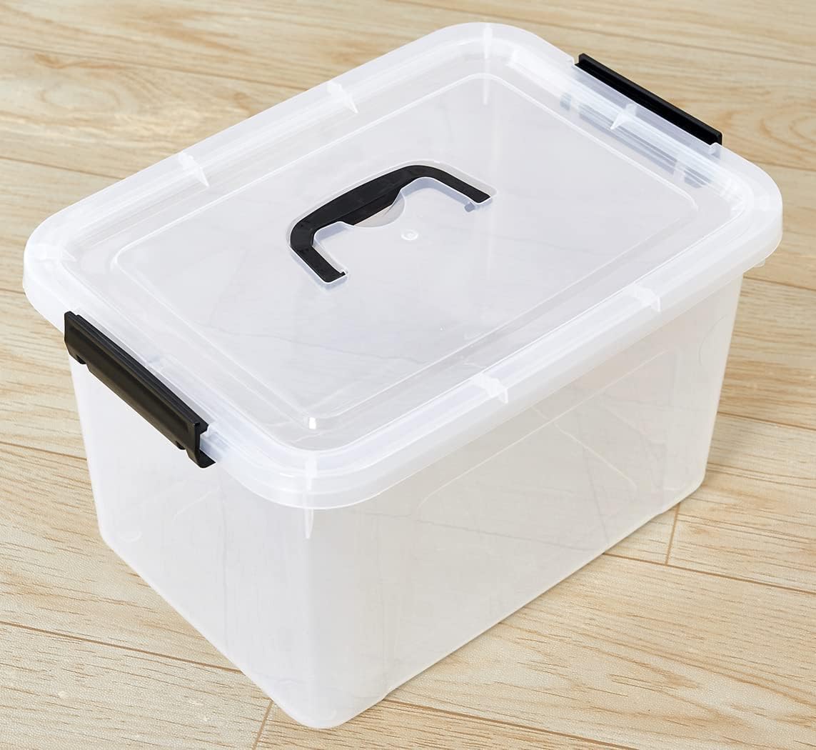 6 Quart Stackable Plastic Storage Bins with Lids, 6 Pack Clear Black Small Organizer Boxes with Latches for Bathroom, Pantry, Office Desk and Small Item Storage