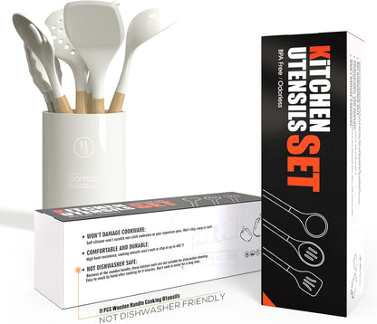 oannao Silicone Cooking Utensils Set - 446°F Heat Resistant Silicone Kitchen Utensils for Cooking,Kitchen Utensil Spatula Set w Wooden Handles, BPA FREE Gadgets for Non-Stick Cookware (Khaki)