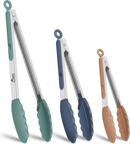 HOTEC Premium Stainless Steel Locking Kitchen Tongs with Silicon Tips, Set of 2-9" and 12"