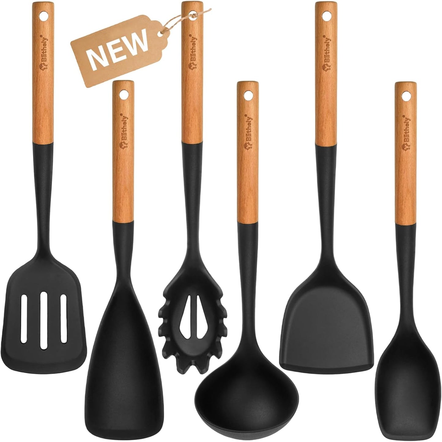 Large Silicone Kitchen Utensils Set, 6 PCS Nonstick Cooking Utensils Set with Wooden Handle, Heat Resistant and BPA Free Silicone Utensil Spatula Set for Cooking with Turner, Spoon and Ladle(Black)