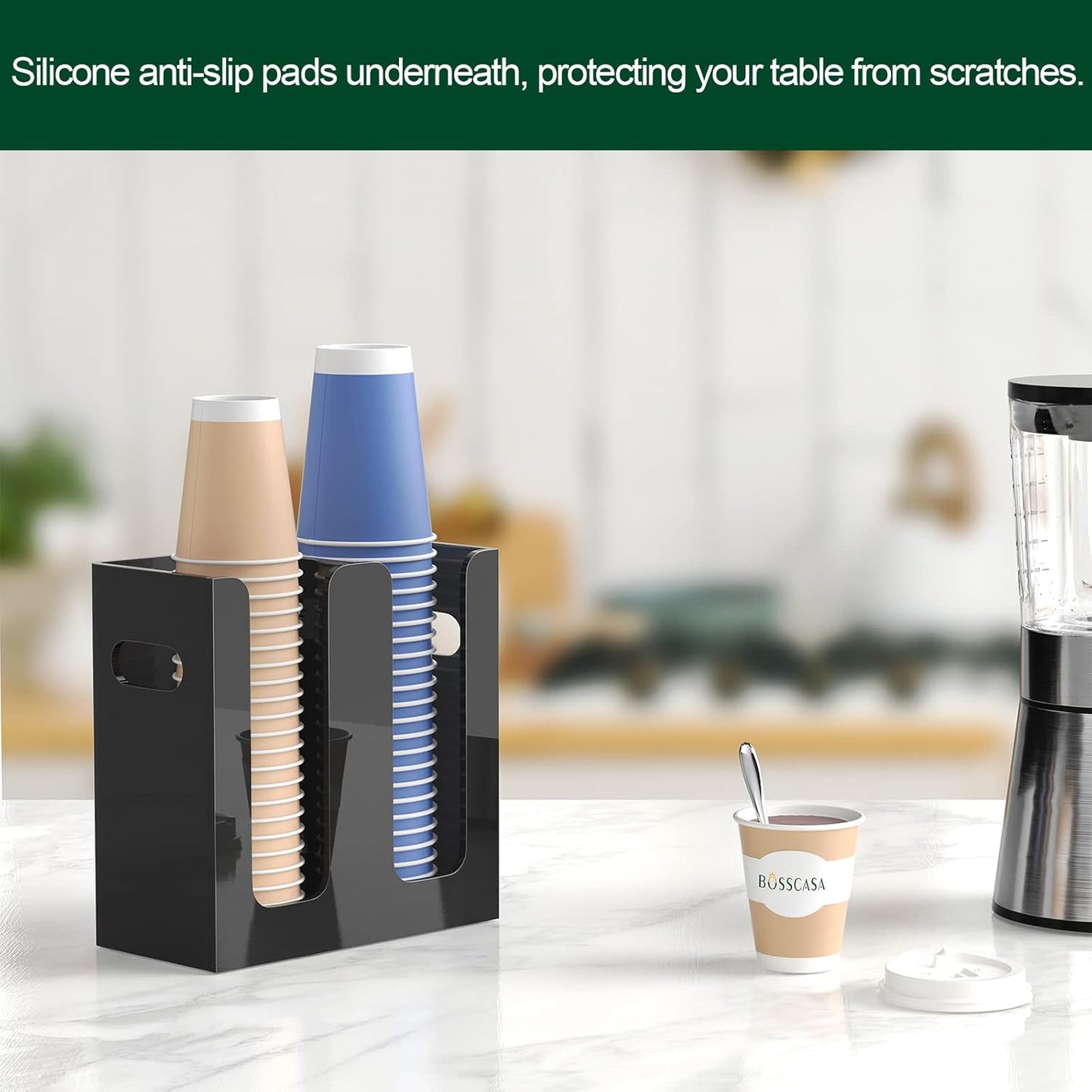 Disposable Coffee Cup Dispenser with Handles, Countertop or Wall Mount Hot/Cold Drink Cup and Lid Holder - Bathroom/Kitchen/Office Acrylic Cup Lid Storage Organizer (1 Compartment, Clear)