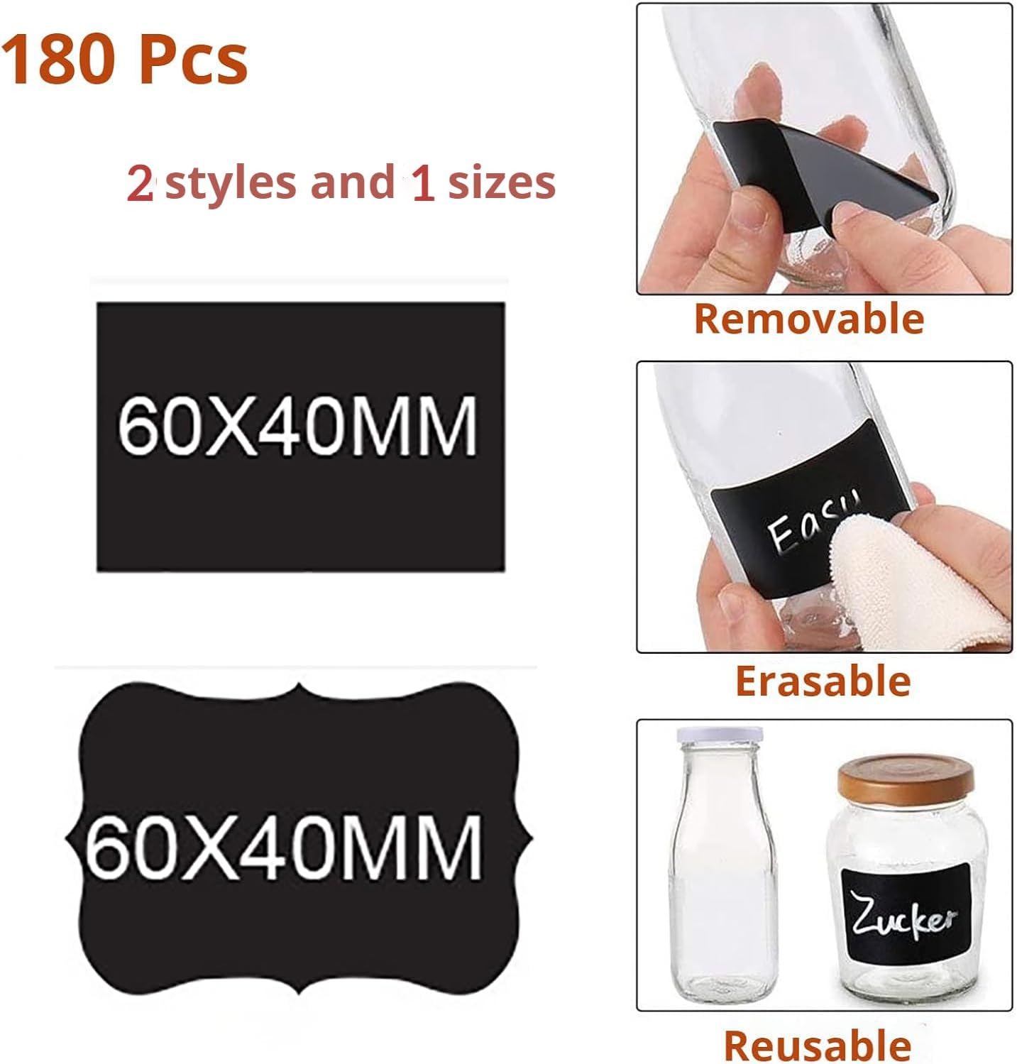Chalkboard Labels 180pcs Waterproof Reusable Label Stickers with 2 White Liquid Chalk Markers for Storage Bin, Food Container, Mason Jars 5X7.5cm Black