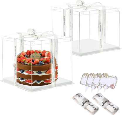 Clear Cake Box, 2 Pcs Transparent Cake Carrier Box with Lids, 4'' PET Packaging Boxes with Ribbon Gift Card for Pastries, Clear Gift Boxes for Birthday, Wedding and Festival Party, White.