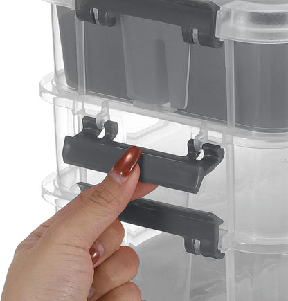 JUXYES 4-Tiers Plastic Stack Carry Storage Containers Box wih Handle Lids | Clear Stackable Latching Storage Bin With 2 Tray for School Office, Organizing Sewing, Art Craft, DIY Supplies, Blue