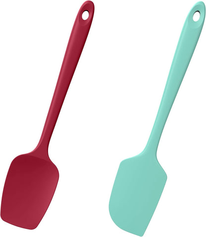 2-Piece Silicone Scraper & Spoon Spatulas: Doosu 600°F Heat Resistant Food Grade BPA Free Rubber Baking Flat Spatula Kitchen Cooking Spoonula for Mixing Scraping Folding Stirring Serving (Aqua Sky)