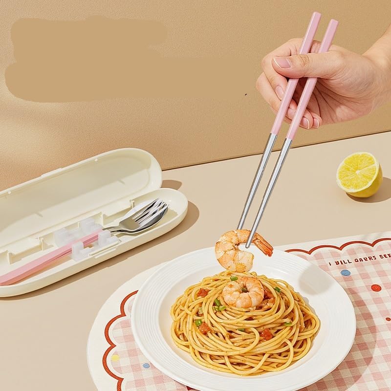 Cute Strawberry Bear 304 Stainless Steel Utensil Set with Travel Case – Portable Reusable Chopsticks, Spoon & Fork in Plaid Storage Box, for School Lunch, Camping, Travel(Pink)